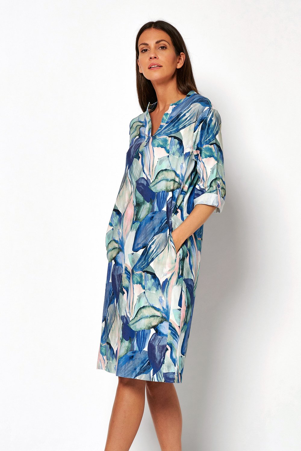 Linen dress with a tropic print | Style »Mali« multicolour blue