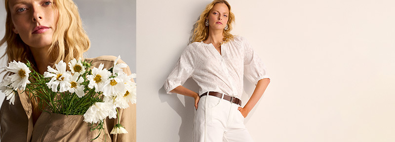 Modell in weißer Bluse mit Blumen in der Hand – frischer Look aus der Oberteile-Kollektion von TONI