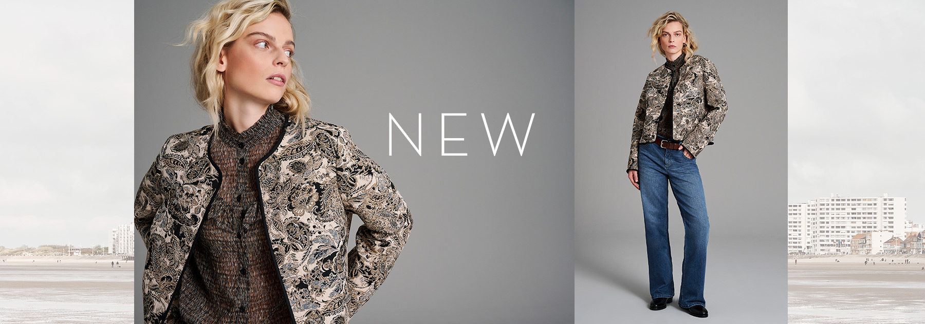 Woman in patterned TONI jacket and denim – desktop teaser for Fall/Winter 2025 novelties.