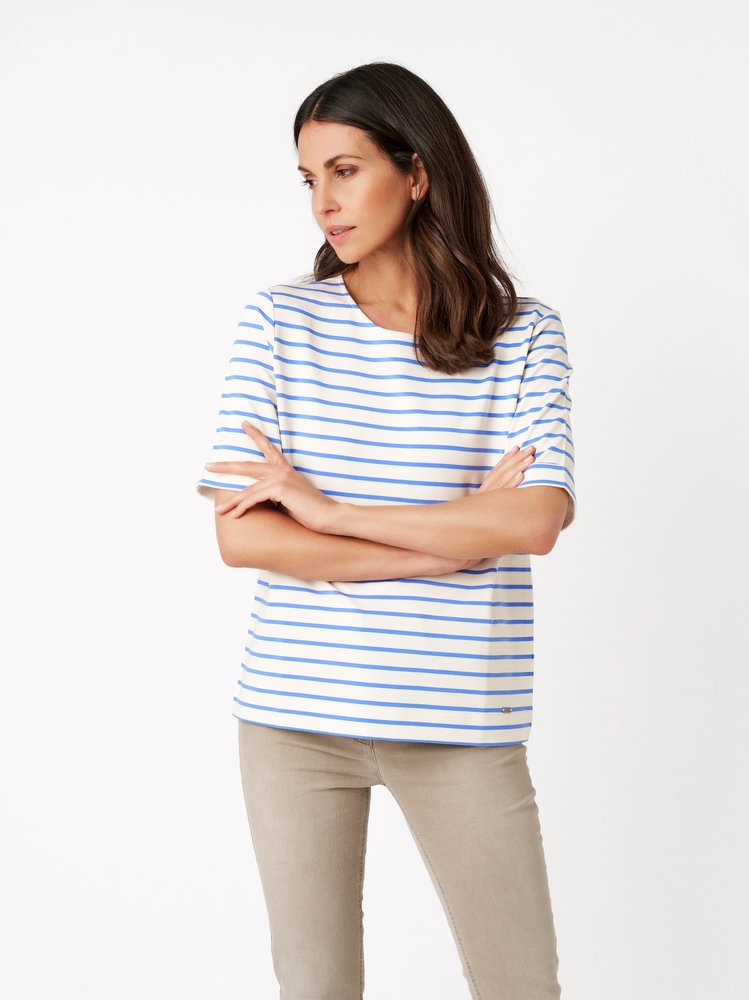 Womens shirt Dolly in blue / offwhite, striped shirt, front view worn by model