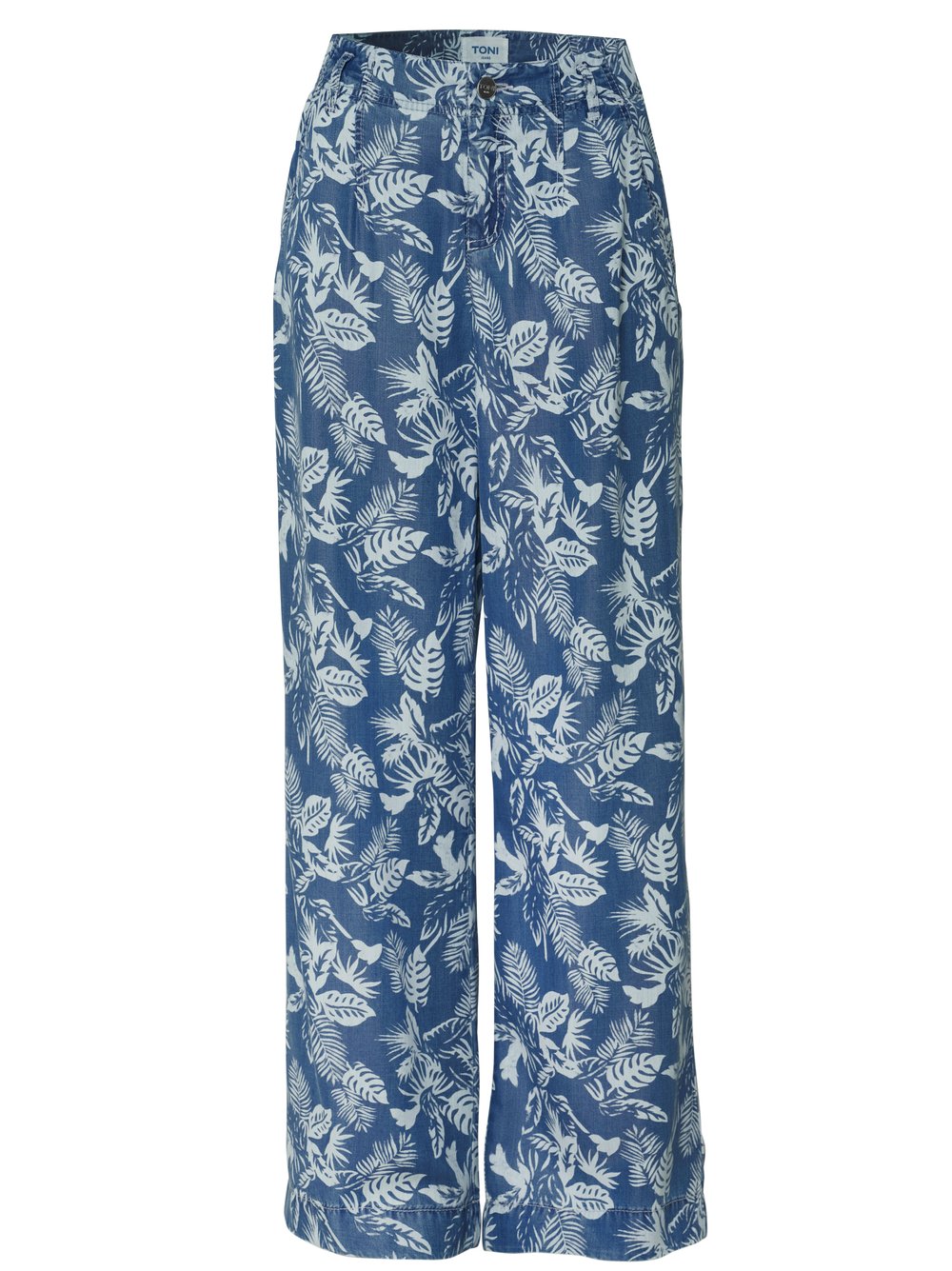 Damenjeans Liv Wide in blue, Fliessende Wide Leg mit tropischem Print, freigestellte Produktansicht