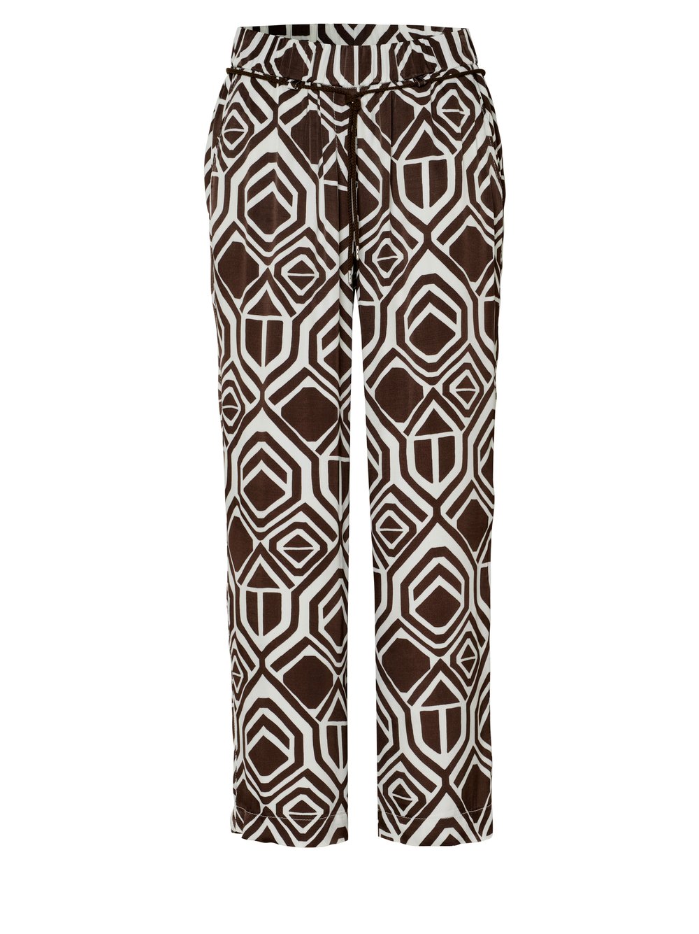 Womens trousers Pia 7/8 in dark brown / offwhite, lightweight 7/8 pants with a graphic pattern, product view