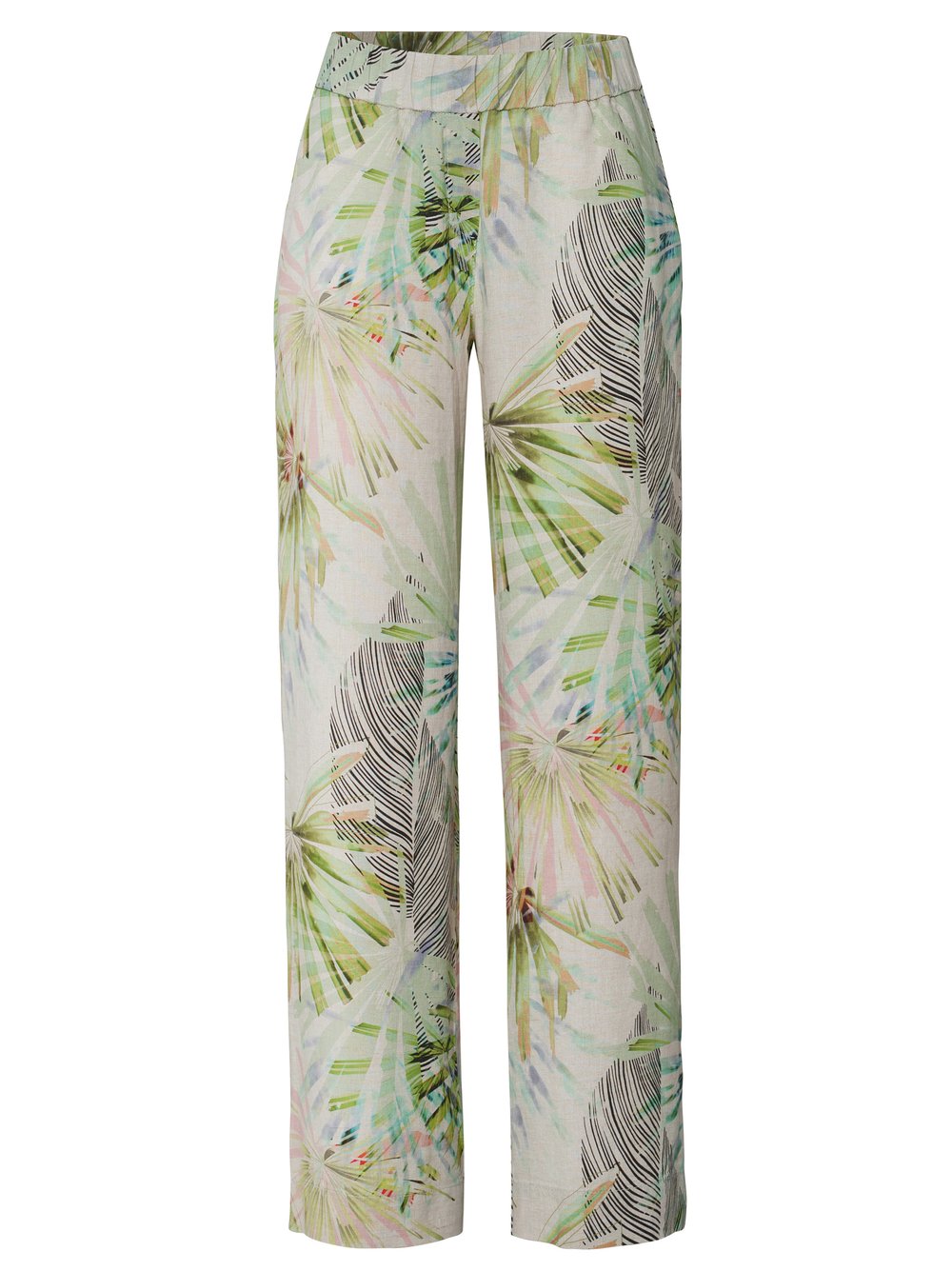 Damenhose Pia Wide in multicolour green, Weite Leinenhose mit tropischem Print, freigestellte Produktansicht