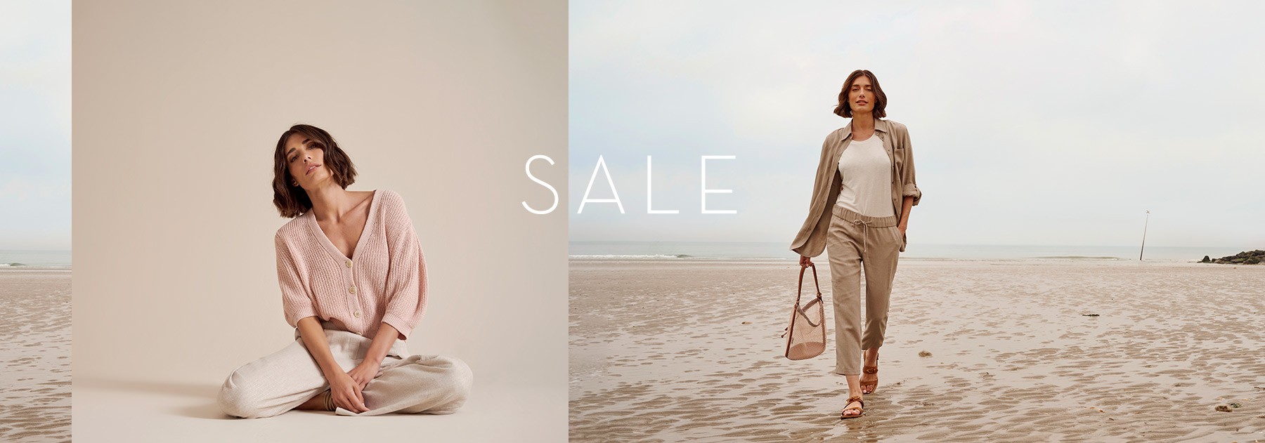 Zwei Frauen in sommerlichen TONI-Looks – im Studio und am Strand – Desktop-Teaser zum Summer Sale.