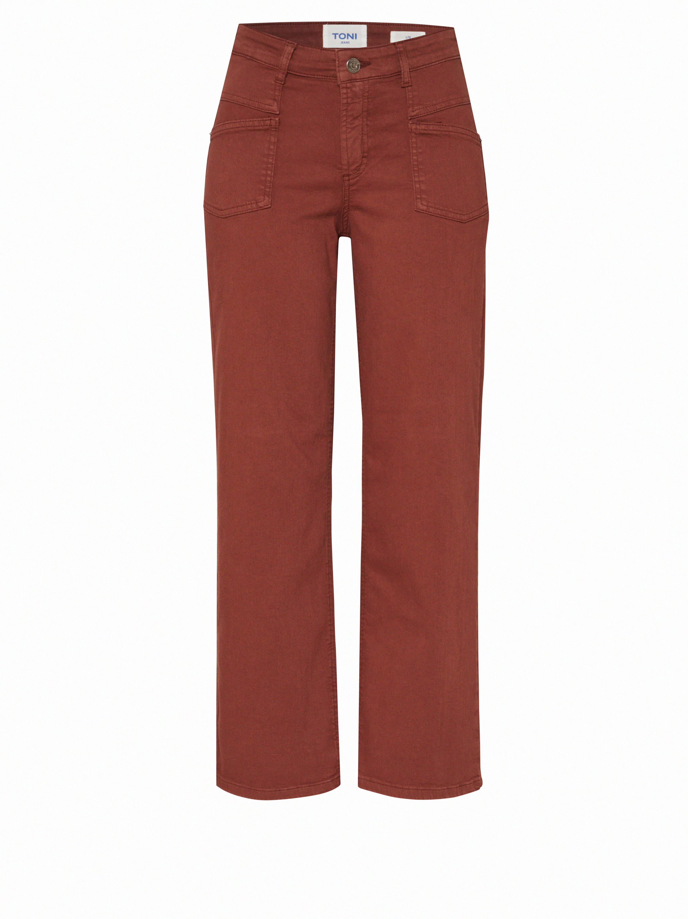 Damenjeans Liv Wide 7/8 in Rot, 7/8 Wide-Leg Jeans mit grafischen Fronttaschen, freigestellte Produktansicht