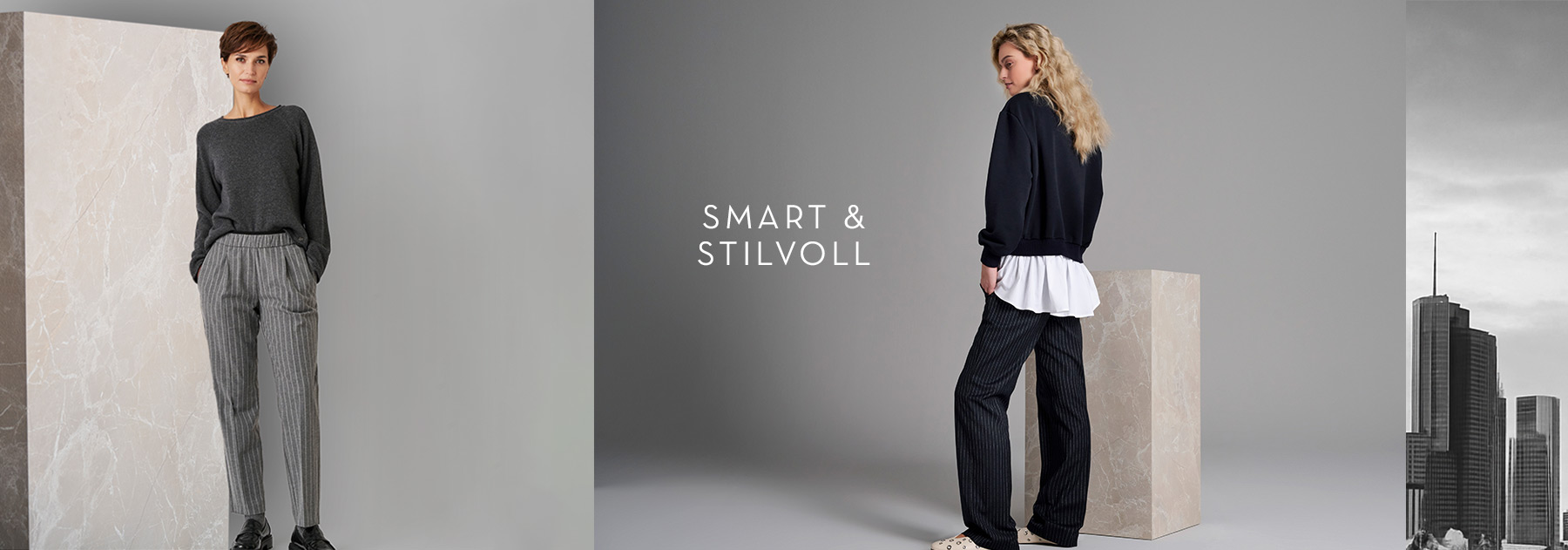 Zwei Modelle in Businesshosen mit Nadelstreifen und lässigen Strickstyles – moderne Looks für Büro und City