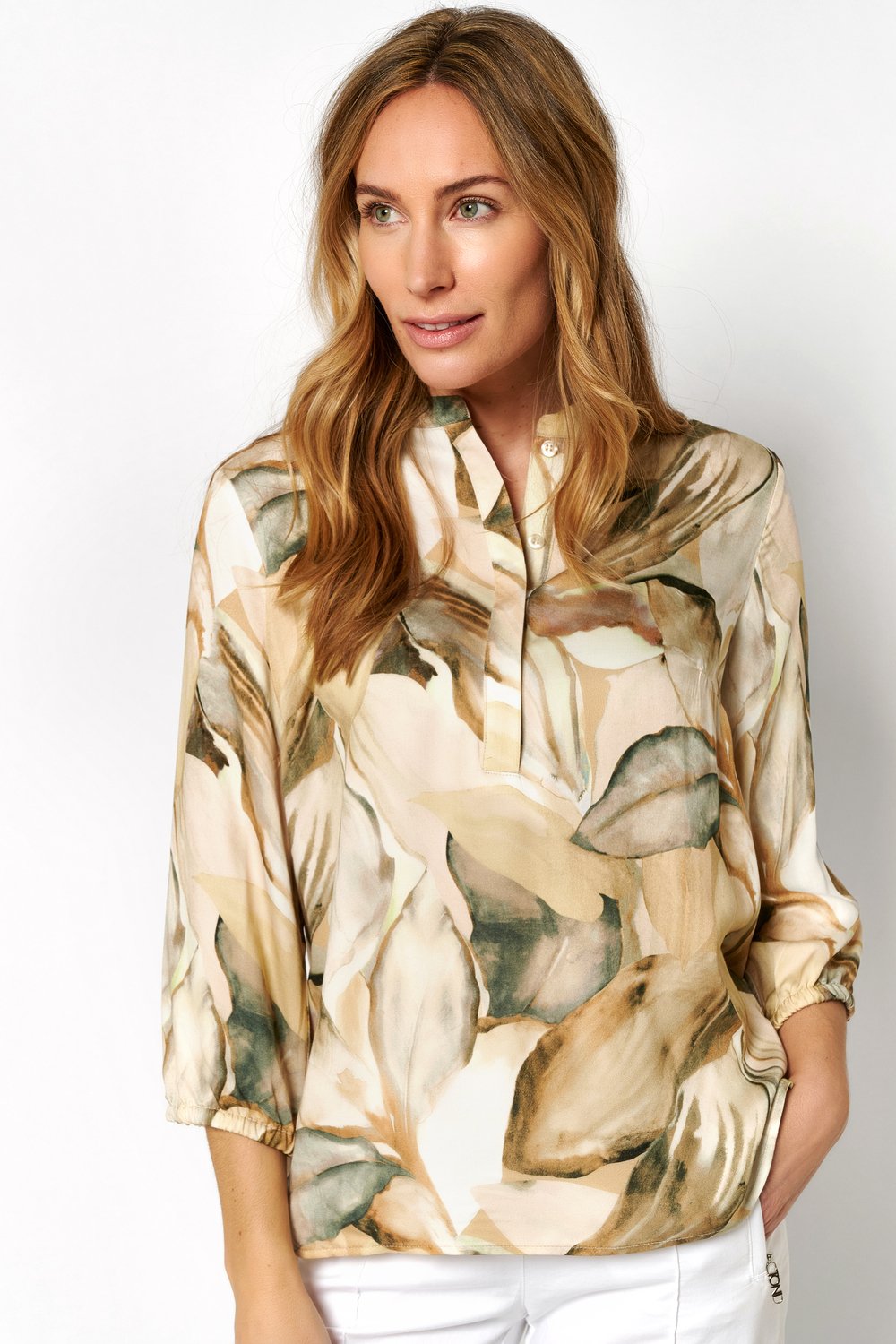 Pull-on blouse with nature print | Style »Alis« multicolour beige