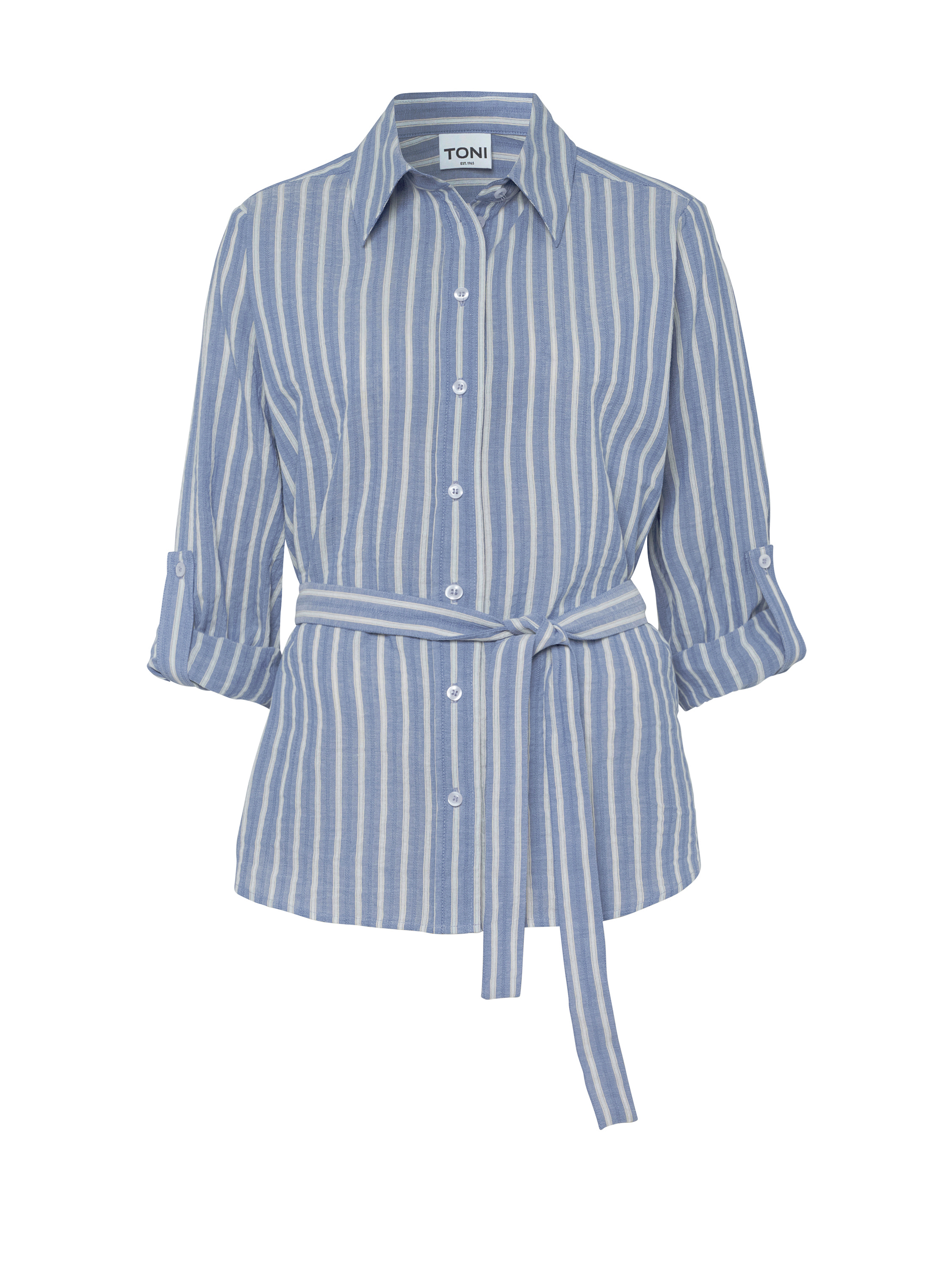 Womens blouse Caja in blue / offwhite, striped belted blouse, product view