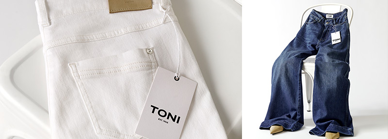 Weiße TONI Jeans mit Label-Detail und Wide-Leg-Jeans auf Stuhl – Teaser zur Kategorie Jeans