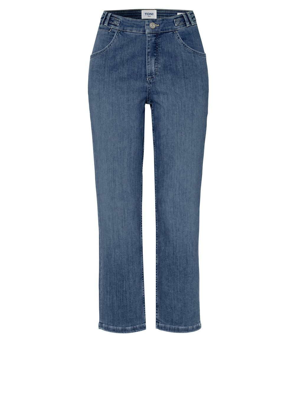 Damenjeans Liv 7/8 in blue bleached, 7/8-Jeans mit Bunddetail, freigestellte Produktansicht