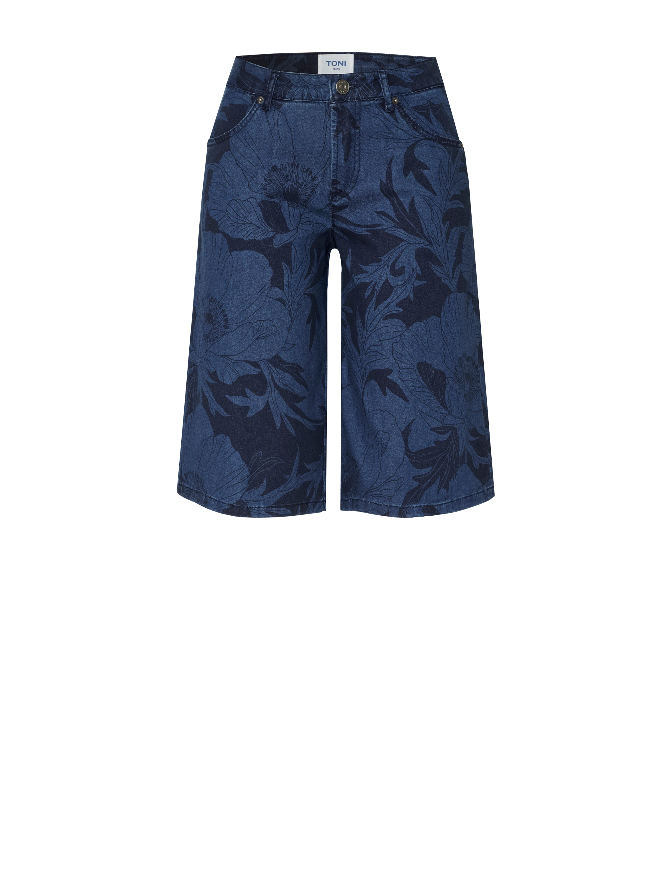 Womens shorts Liv Bermuda in dark blue, wide denim bermudas with floral print, product view