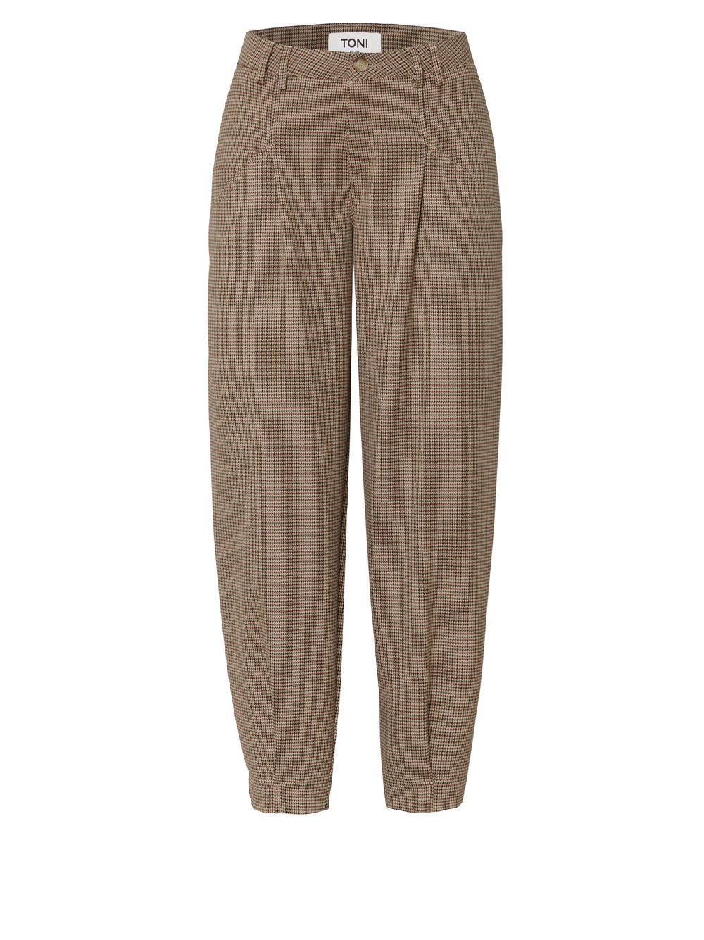 Damenhose Elli Barrel in Camel, barrel-Fit Hose mit feinem Pepitamuster, freigestellte Produktansicht