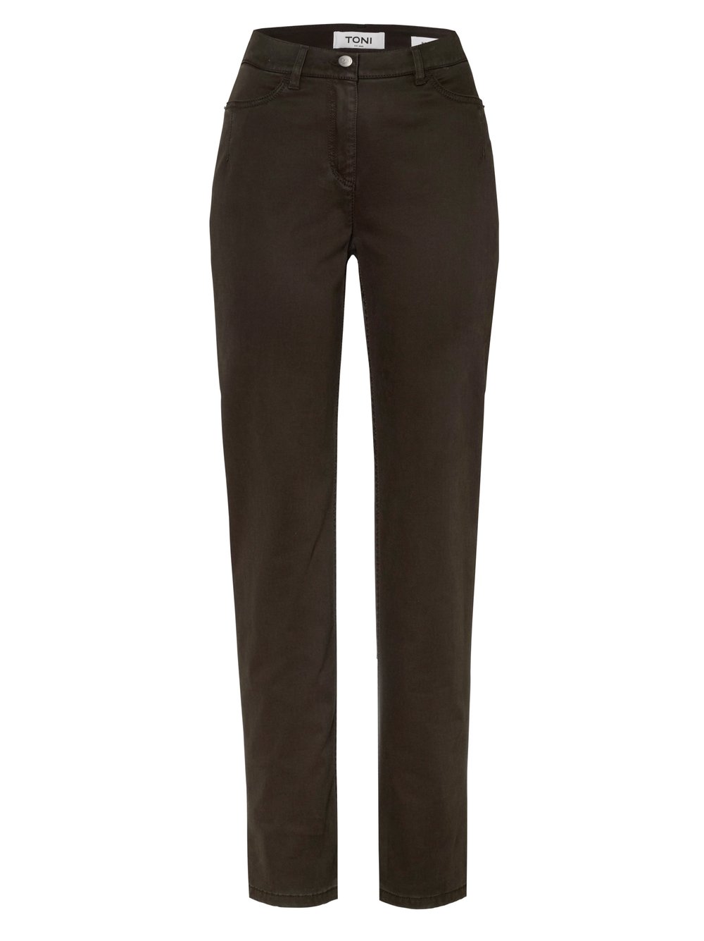 Damenhose Be Loved in Dunkelbraun, high-Waist Hose aus Baumwollsatin, freigestellte Produktansicht