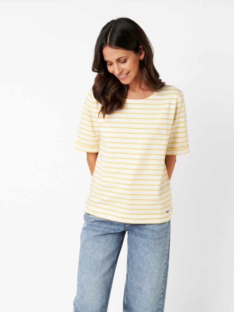 Womens shirt Dolly in lemon / offwhite, striped shirt, front view worn by model