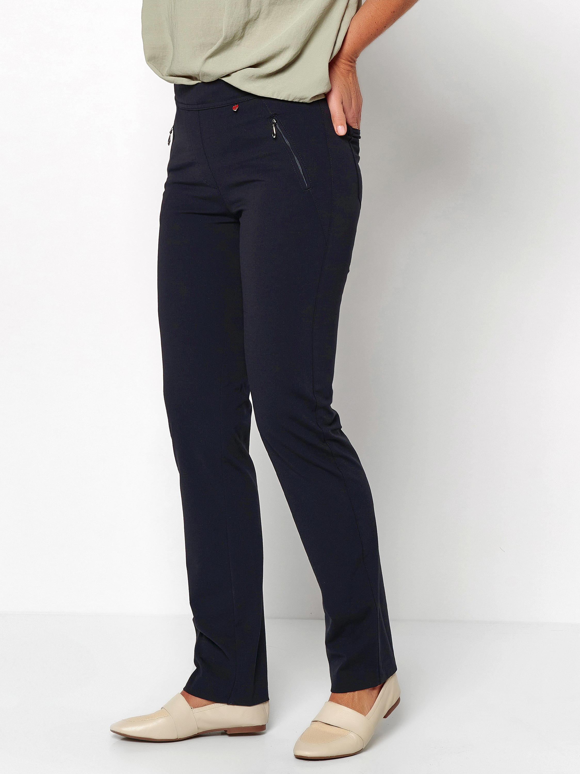 Womens trousers Alice Slim in navy, jersey trousers with zip pockets, front view worn by model