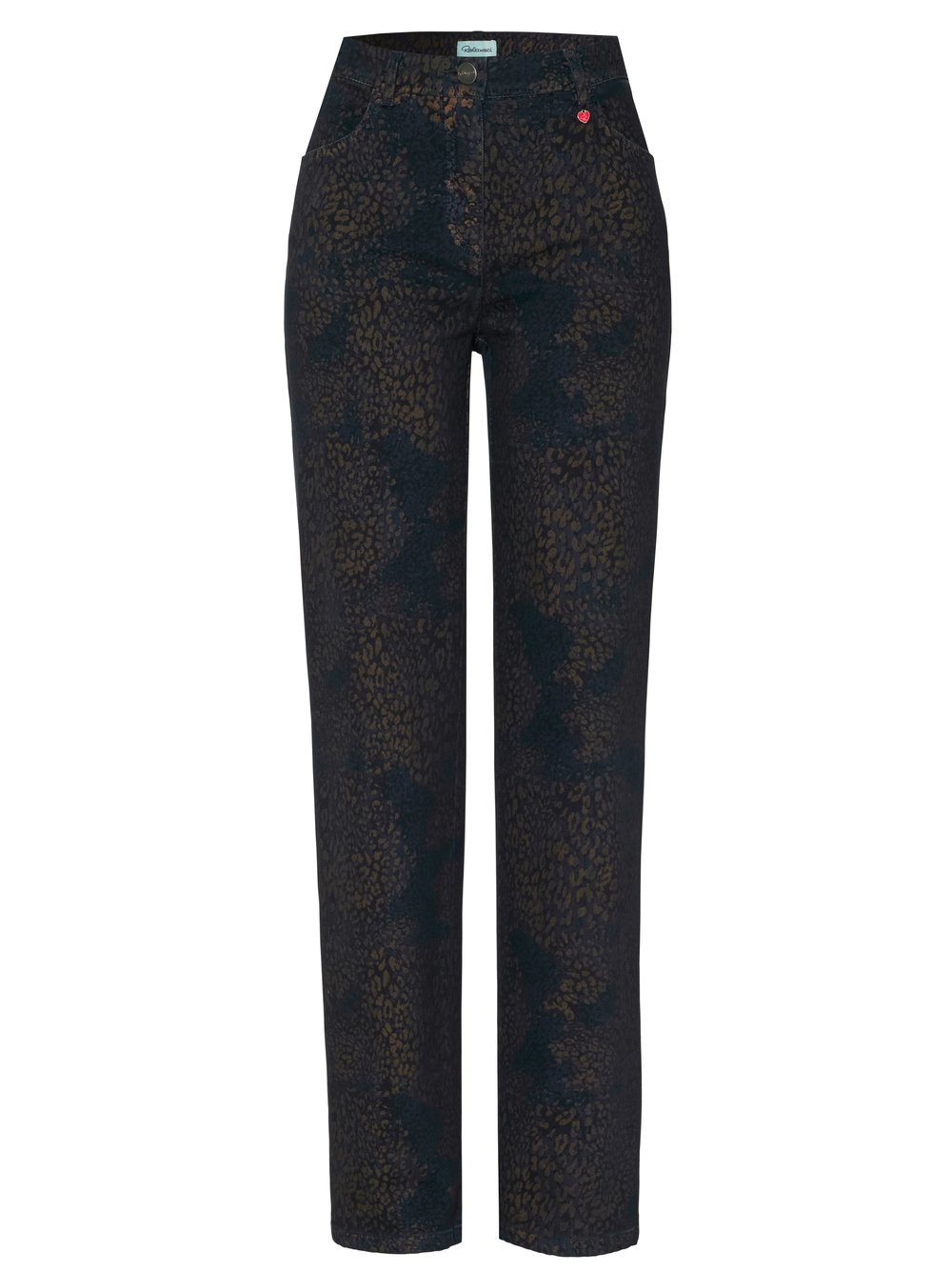 Damenjeans Meine beste Freundin in Dunkelbraun, straight-Fit Hose mit Leoprint, freigestellte Produktansicht