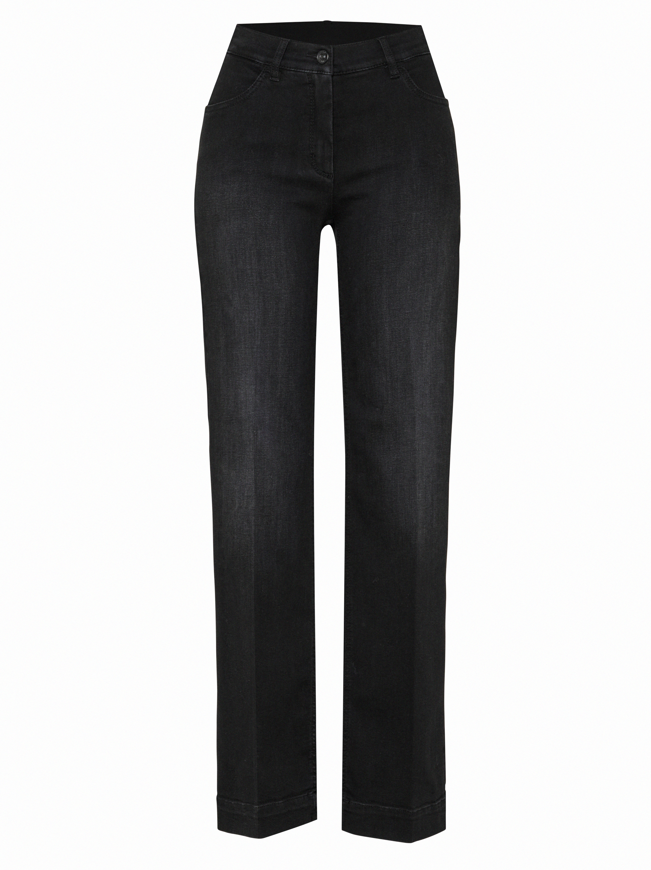 Damenhose Jenny Wide in Schwarz, wide-Leg Jeans mit sportivem Bund, freigestellte Produktansicht