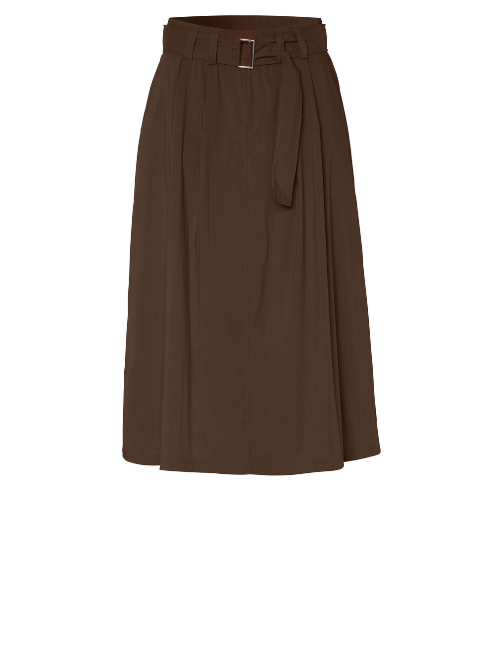 Damenrock Midi Skirt in dark brown, midi-Rock mit Bundfalten und Guertel, freigestellte Produktansicht