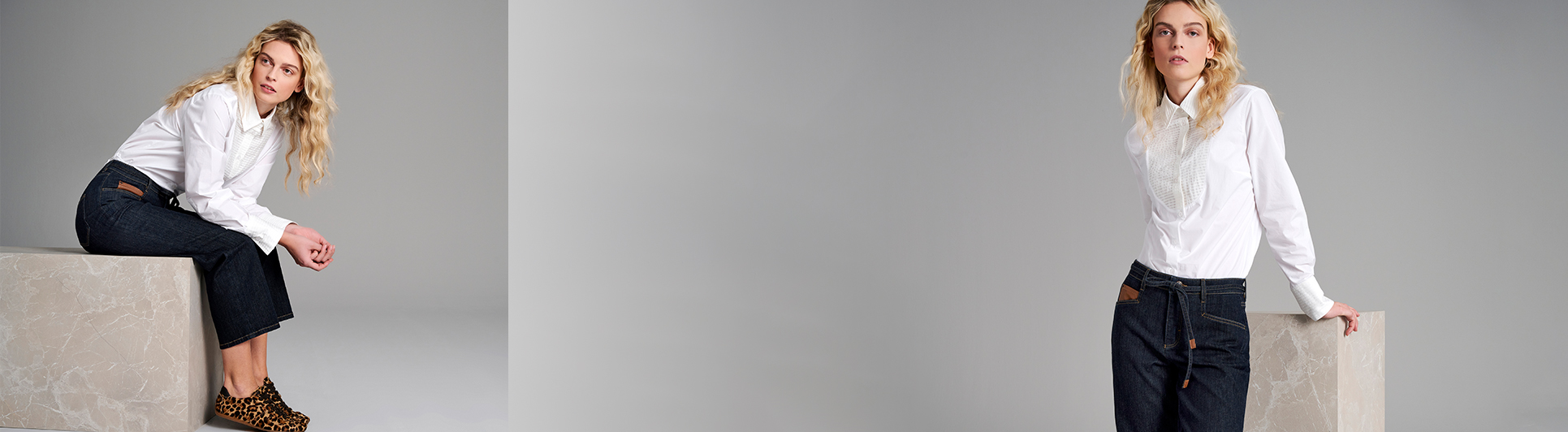 Zwei Frauen in weißem TONI-Hemd und Denim-Looks – stilvoller Teaser zur Newsletter-Anmeldung.