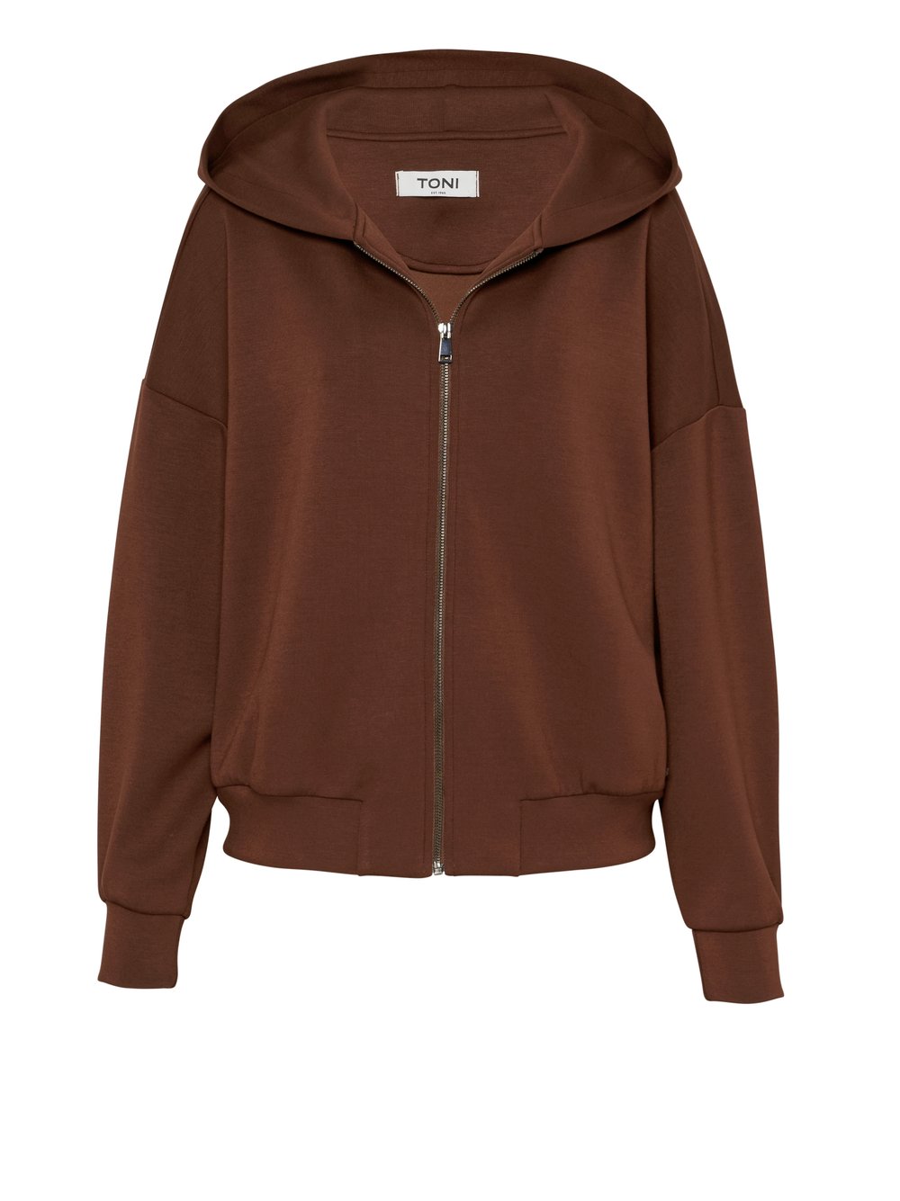 Damenjacke Emilia in Rostrot, hoodie-Jacke aus softem Scuba, freigestellte Produktansicht