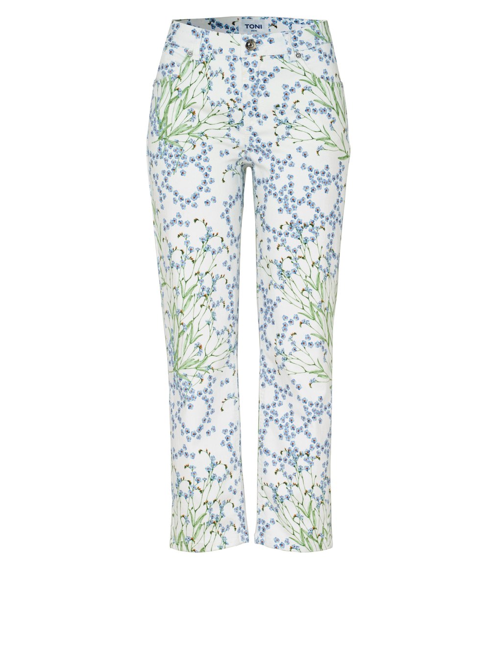 Damenjeans Ella 7/8 in offwhite / blue, verkuerzte Jeans mit Flowerprint, freigestellte Produktansicht