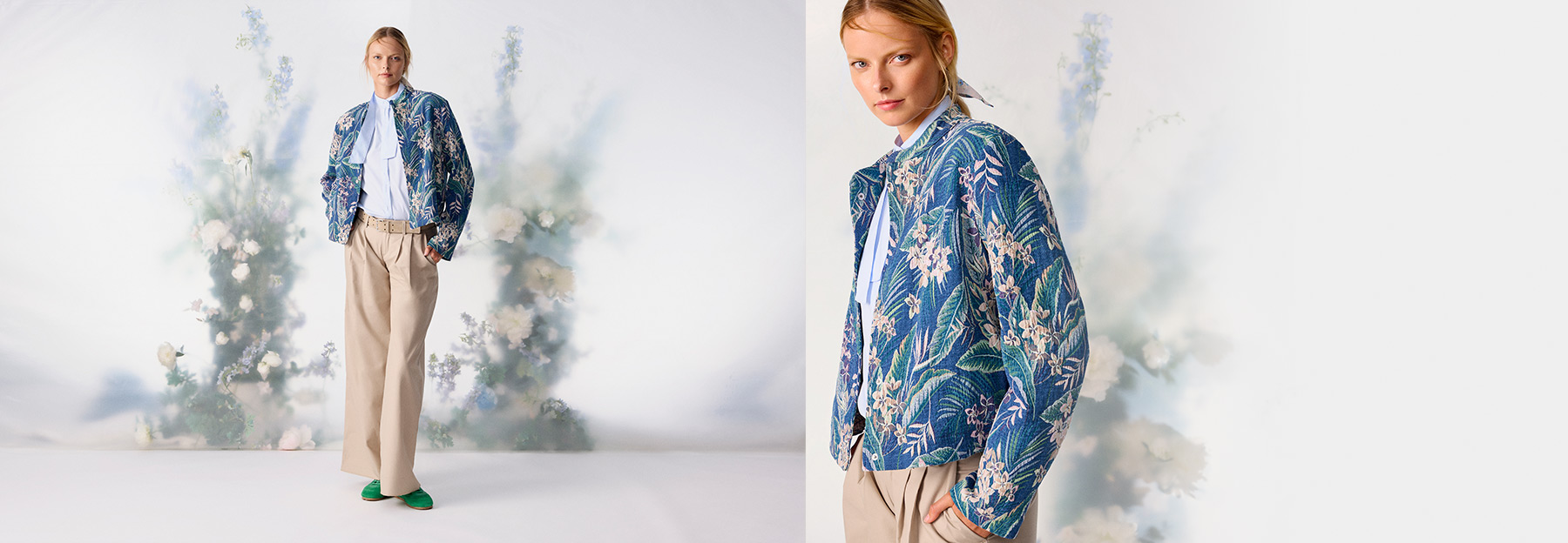 Modell trägt blau gemusterte Jacke mit heller Hose – Look aus den Designers Favorites von TONI