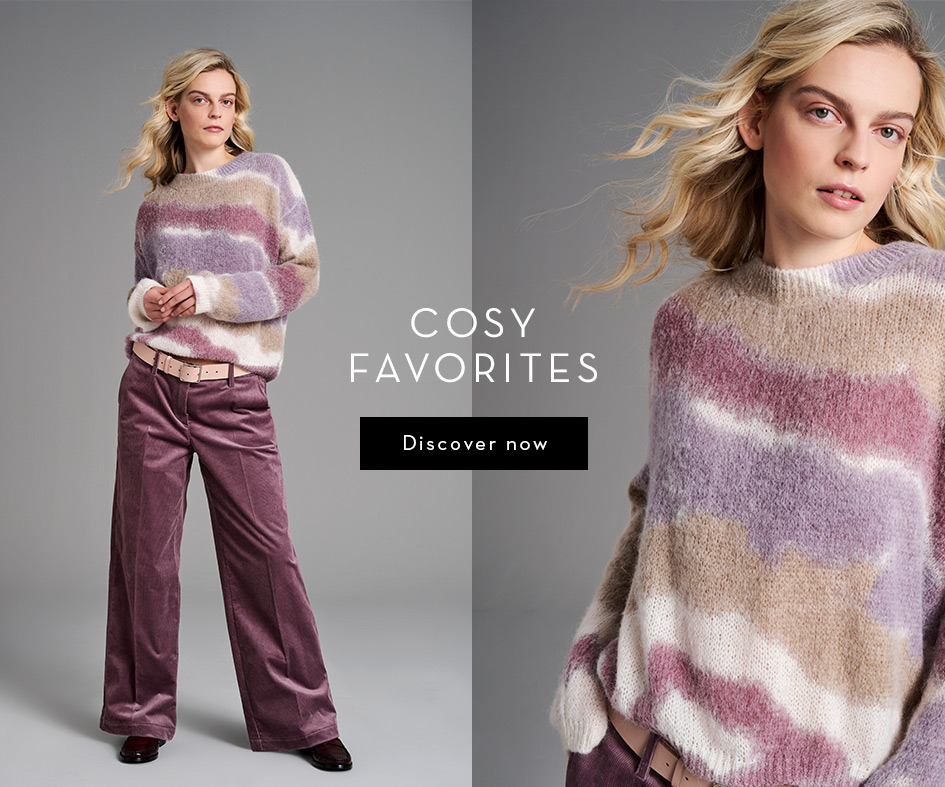 Woman in fluffy knit sweater and corduroy trousers by TONI – mobile teaser for Cosy Favorites category.