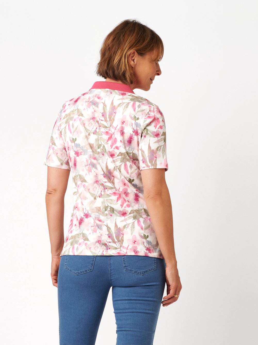 Womens shirt Sweet Paula in multicolour rose, floral polo shirt, back view worn by model