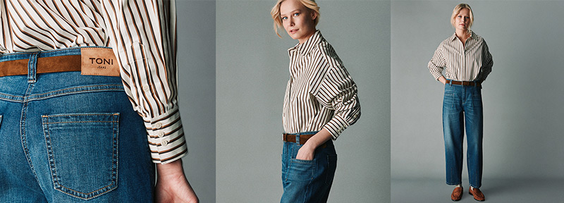 Model trägt Wide-Leg-Jeans mit gestreifter Bluse und Gürtel – Teaser zur Rubrik Jeans von TONI