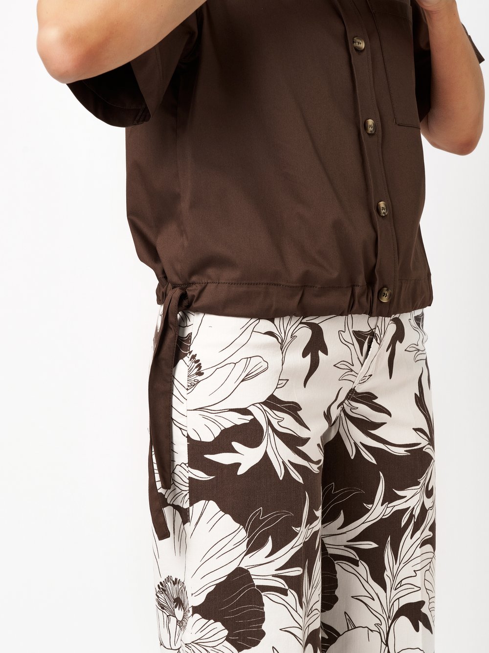 Womens blouse Clay in dark brown, boxy-cut blouse with side lacing, detail view