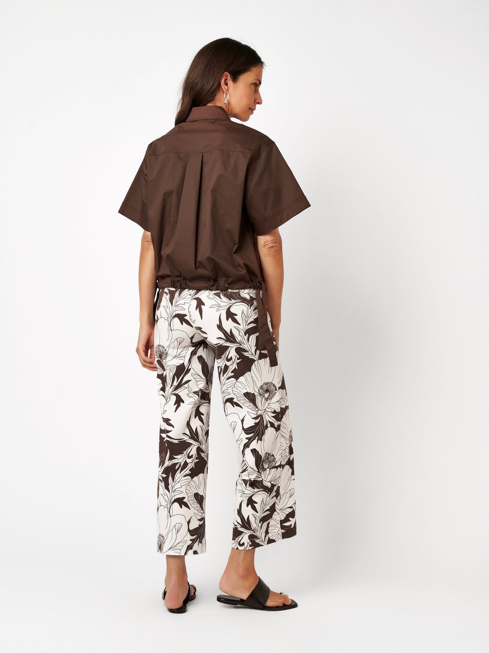 Womens blouse Clay in dark brown, boxy-cut blouse with side lacing, back view worn by model