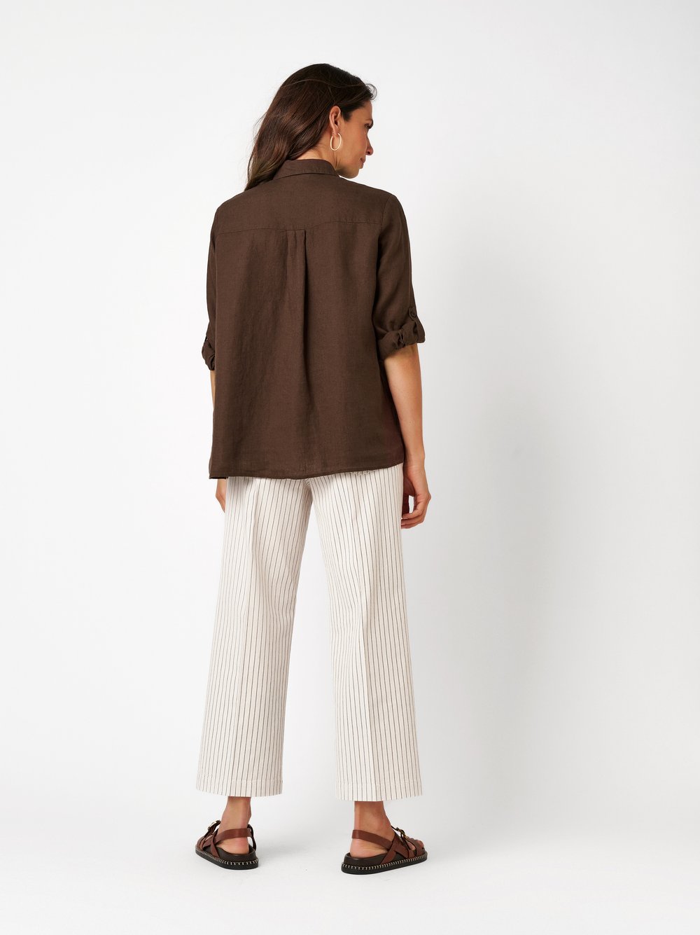 Womens blouse Clay in dark brown, relaxed linen shirt, back view worn by model