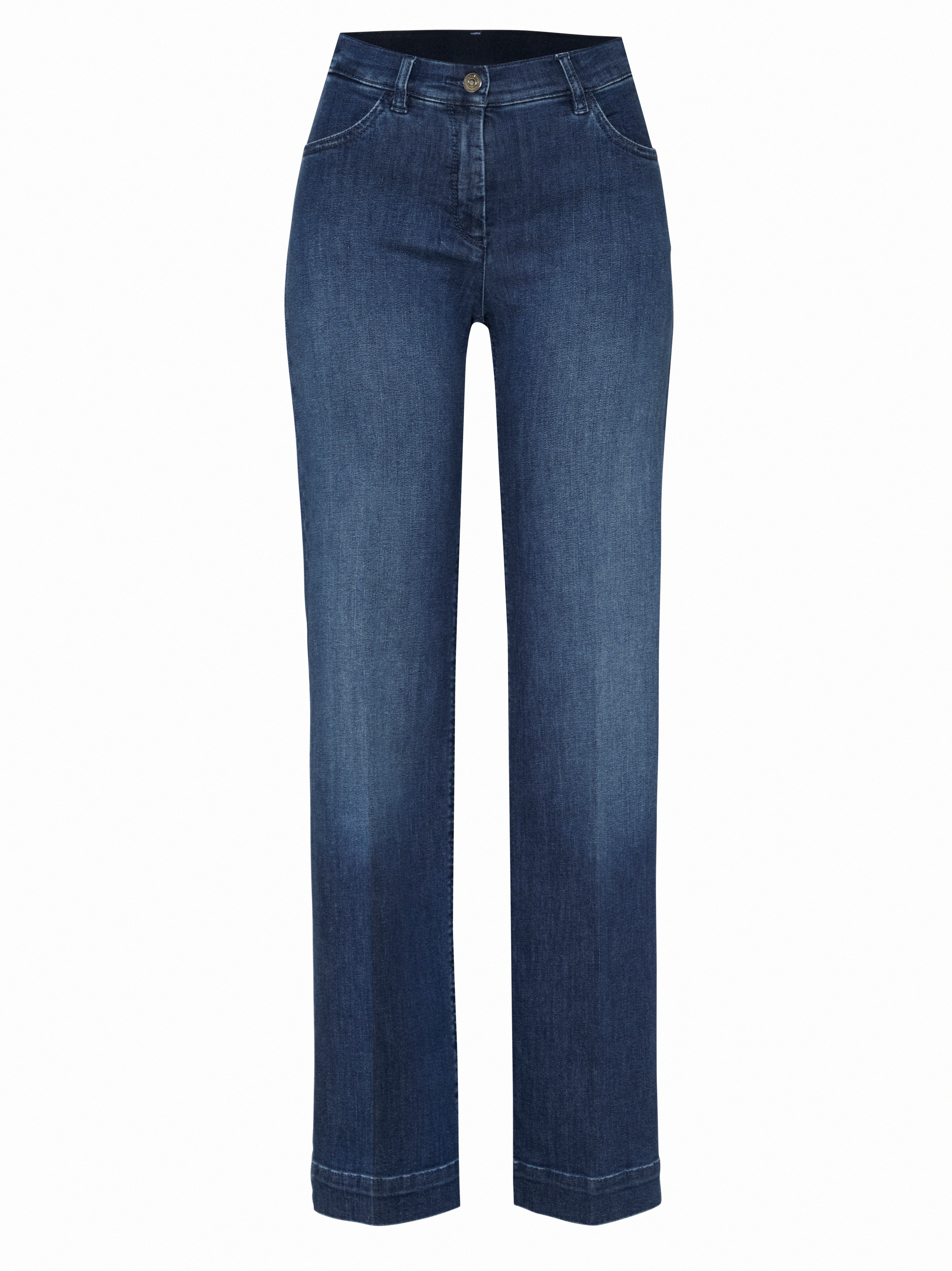 Damenhose Jenny Wide in Mid Blue Used, wide-Leg Jeans mit sportivem Bund, freigestellte Produktansicht