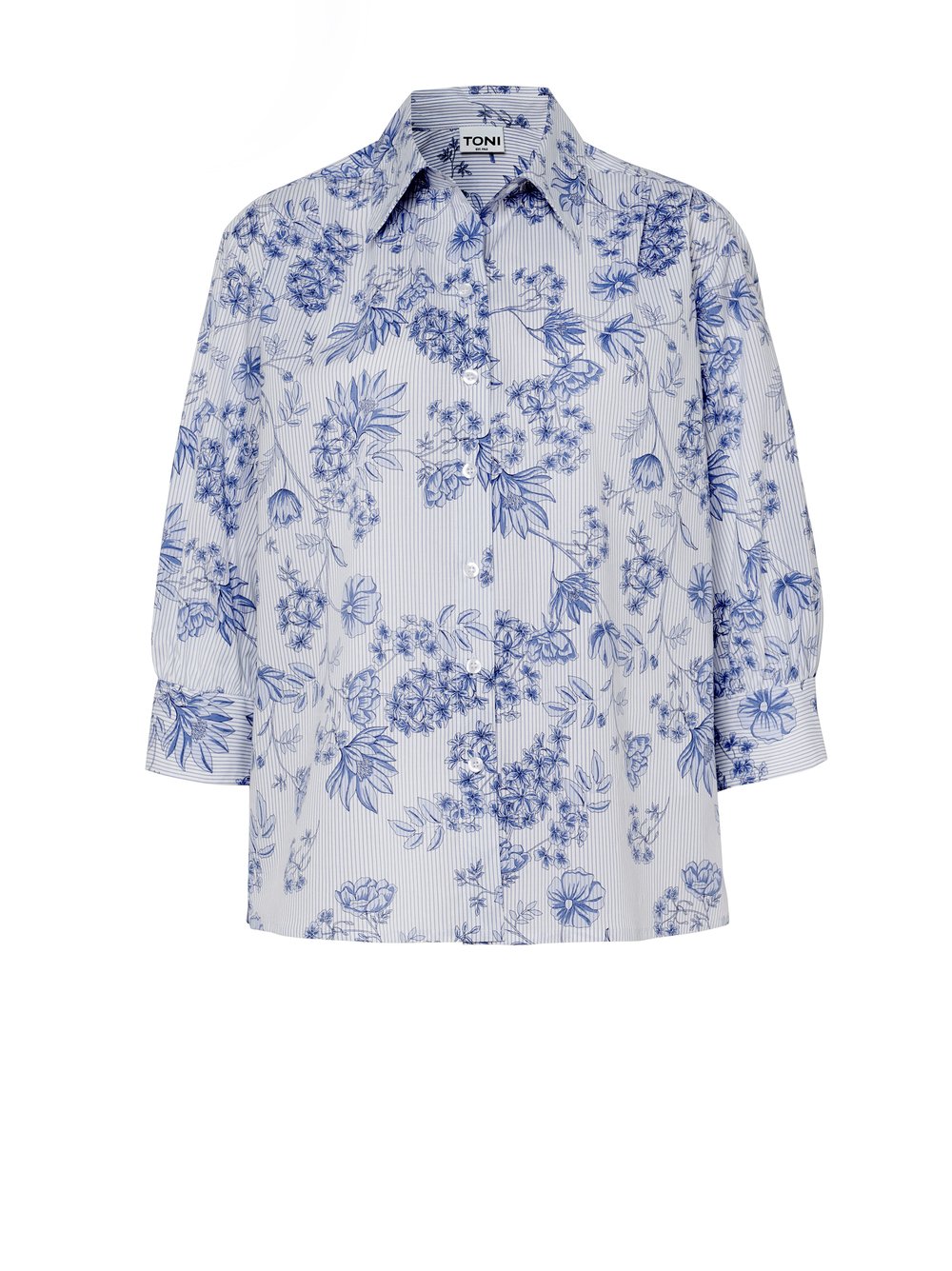 Damenbluse Becca in white / blue, Bluse mit Streifen- und Bluetendruck, freigestellte Produktansicht