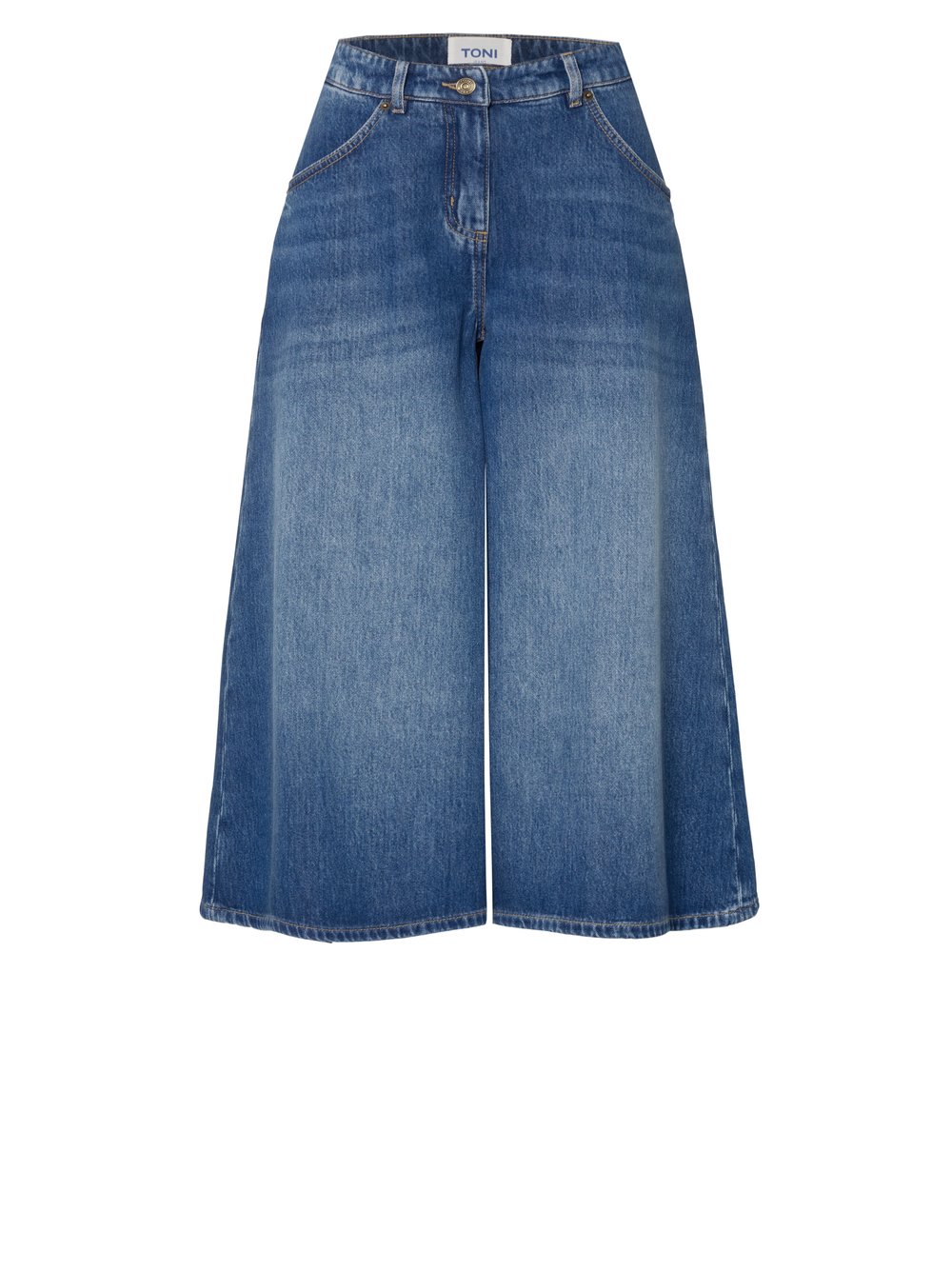 Damenjeans Culotte in Mid Blue, jeans-Culotte mit authentischer Waschung, freigestellte Produktansicht