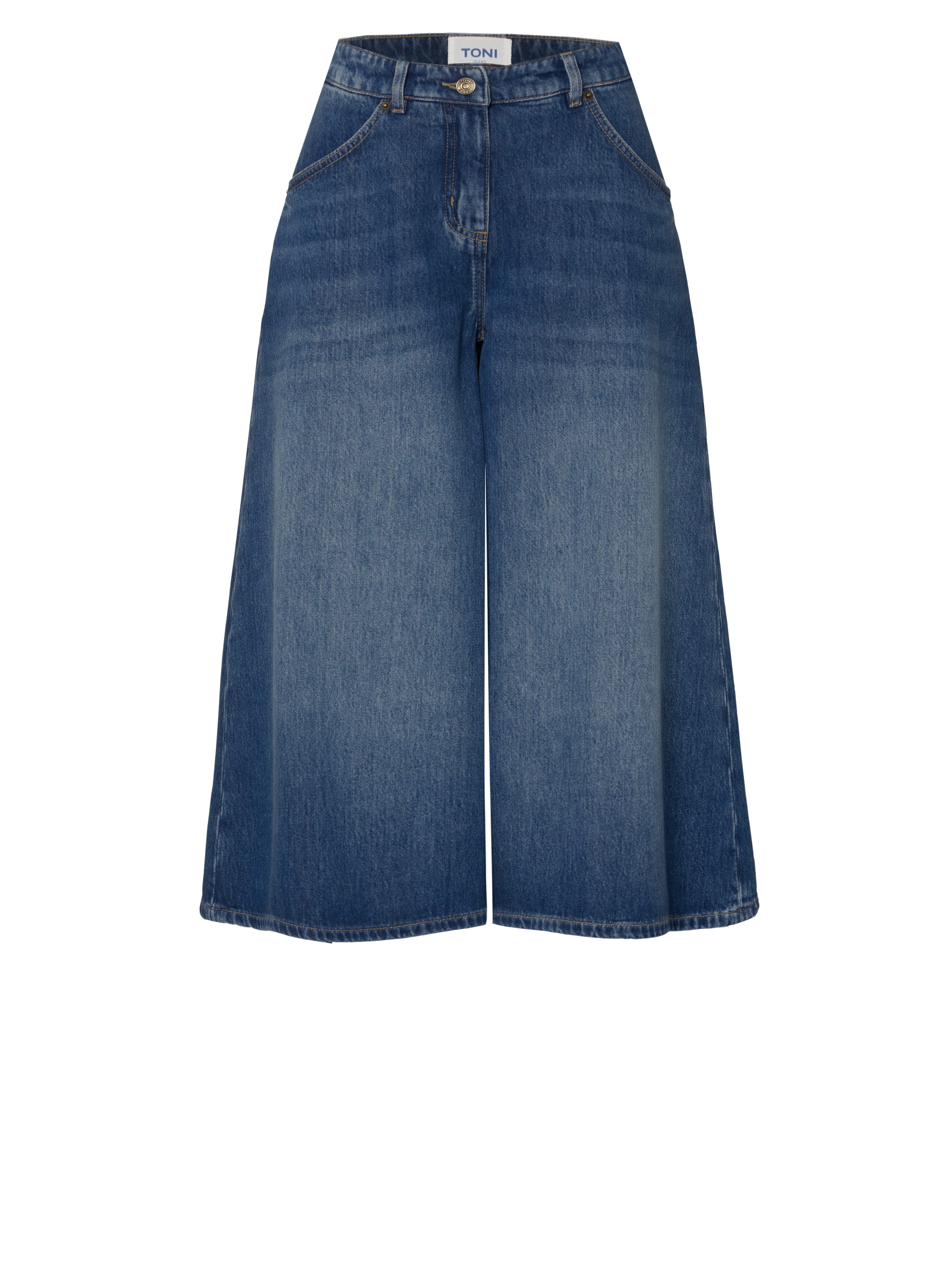 Damenjeans Culotte in Mid Blue, jeans-Culotte mit authentischer Waschung, freigestellte Produktansicht