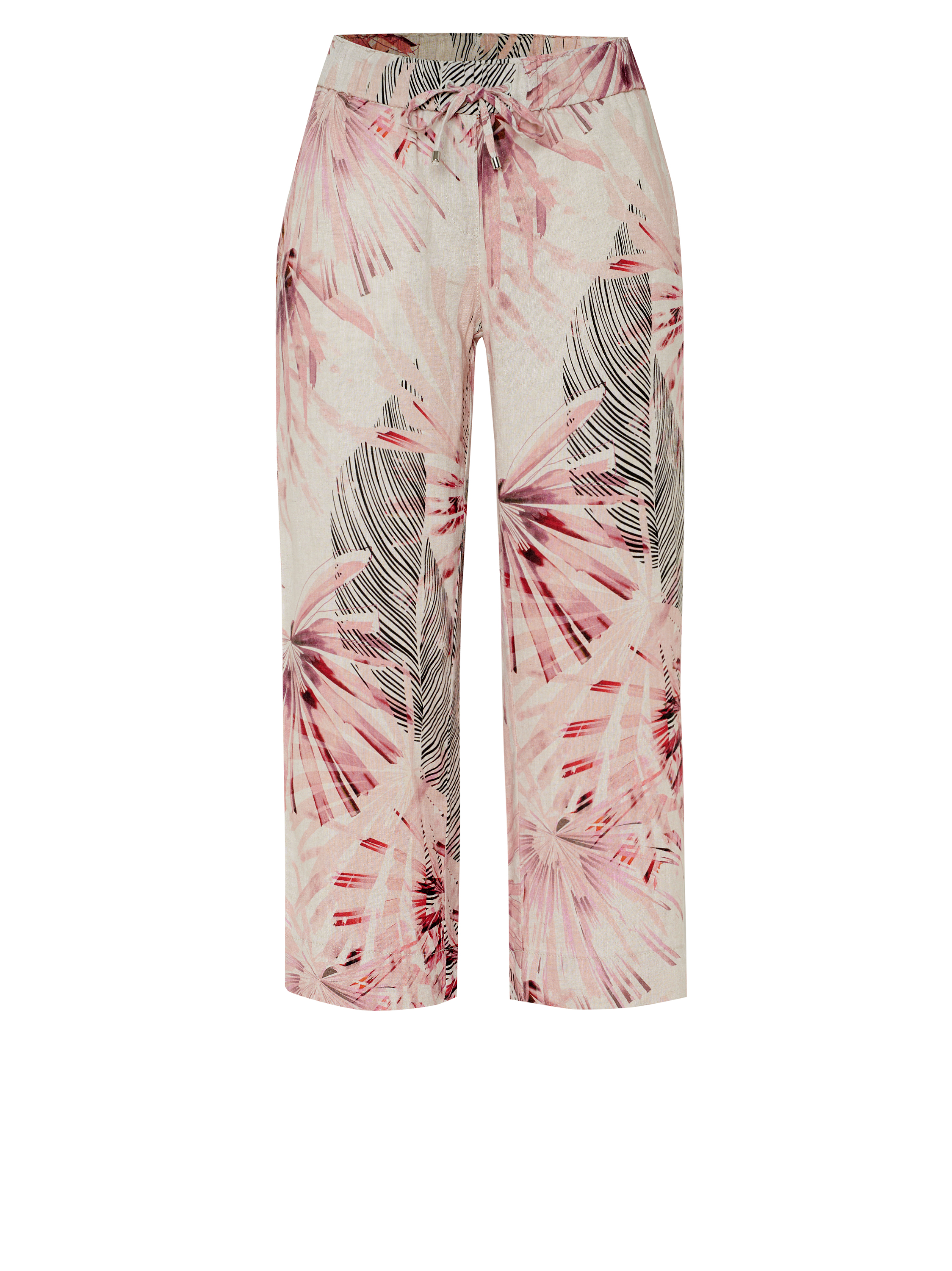 Damenhose Pia 3/4 in multicolour pink, 3/4-Leinenhose mit tropischem Print, freigestellte Produktansicht