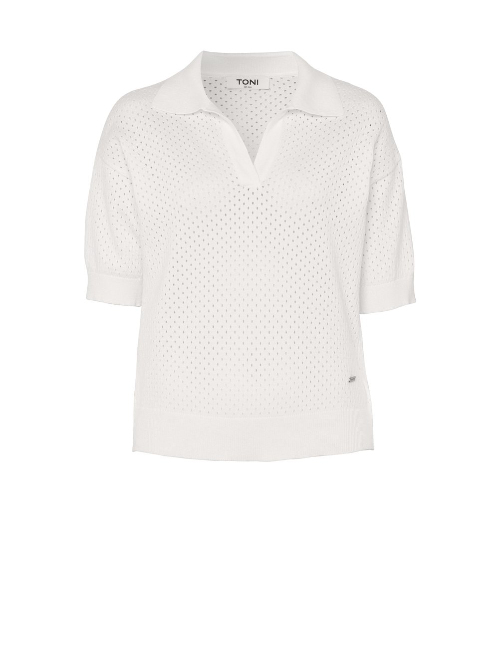 Damenpolo Greta in offwhite, Poloshirt aus Lochstrick, freigestellte Produktansicht