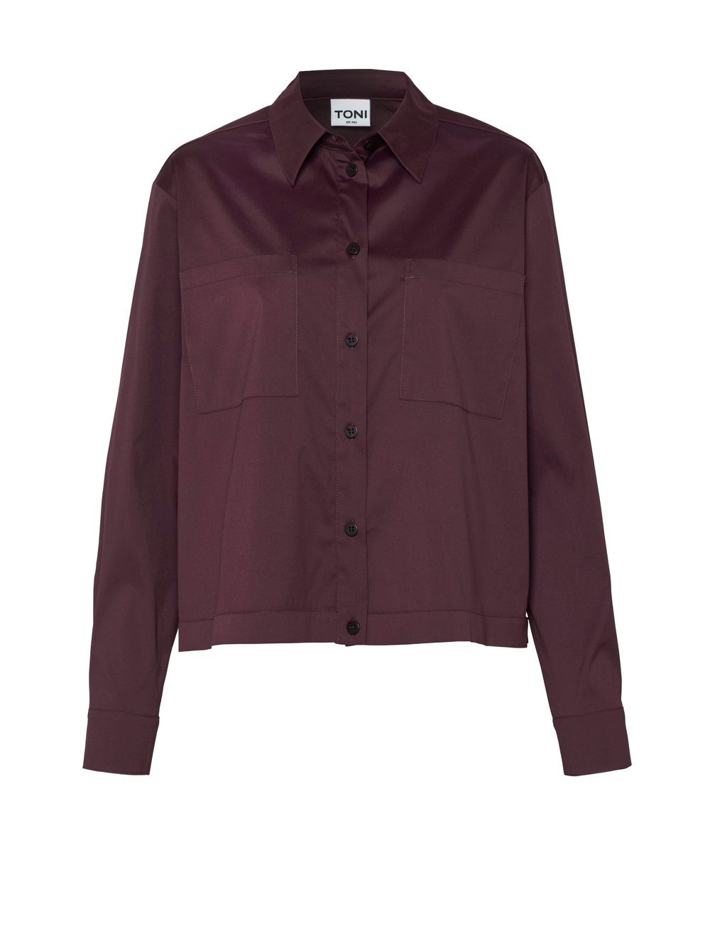 Damenbluse Clyde in Bordeaux, boxy-Cut Bluse mit Brusttaschen, freigestellte Produktansicht