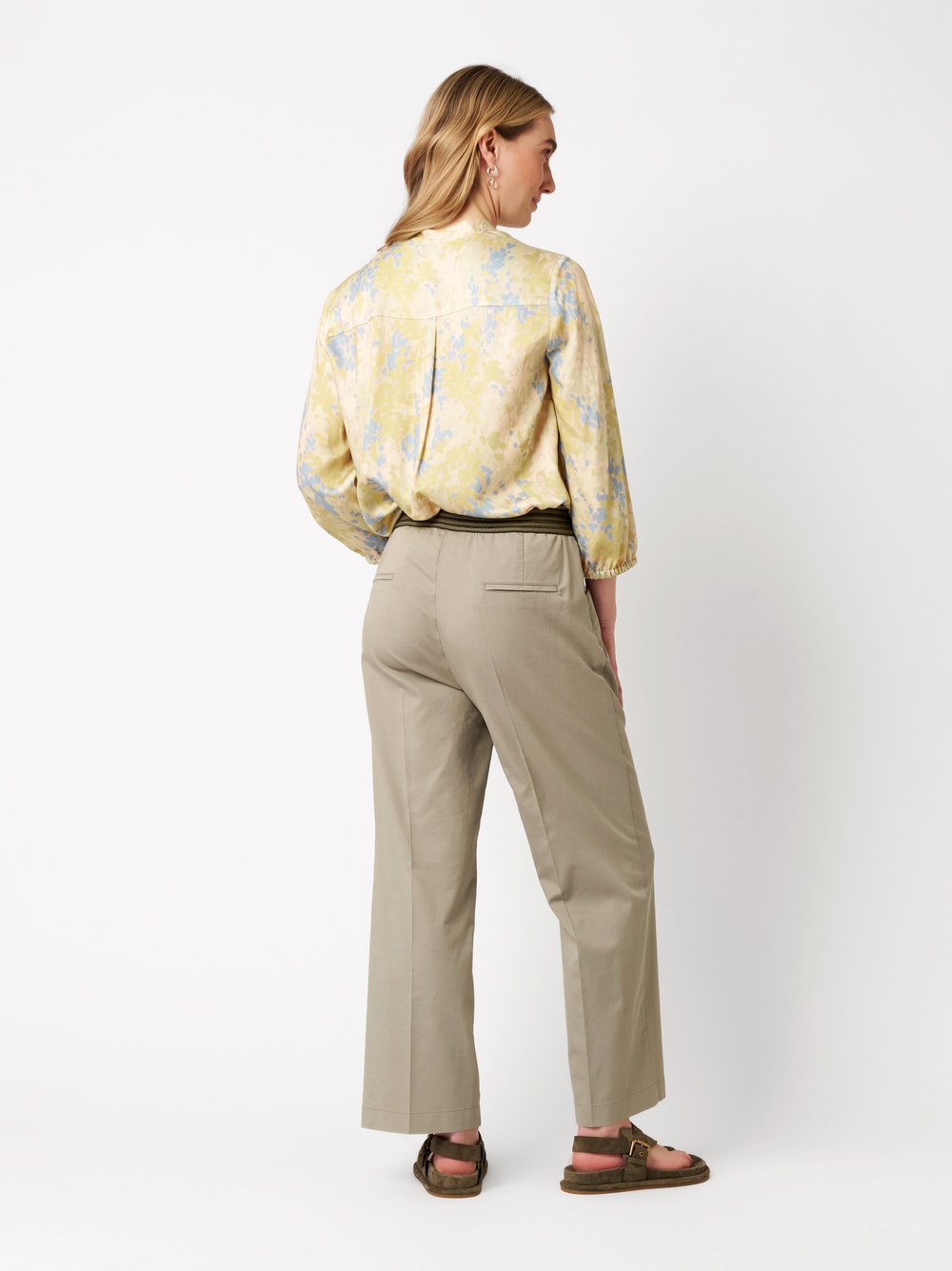 Womens blouse Alis in multicolour green, pull-on blouse with summer print, back view worn by model