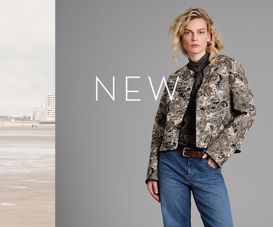 Woman in patterned TONI jacket and denim – desktop teaser for Fall/Winter 2025 novelties.