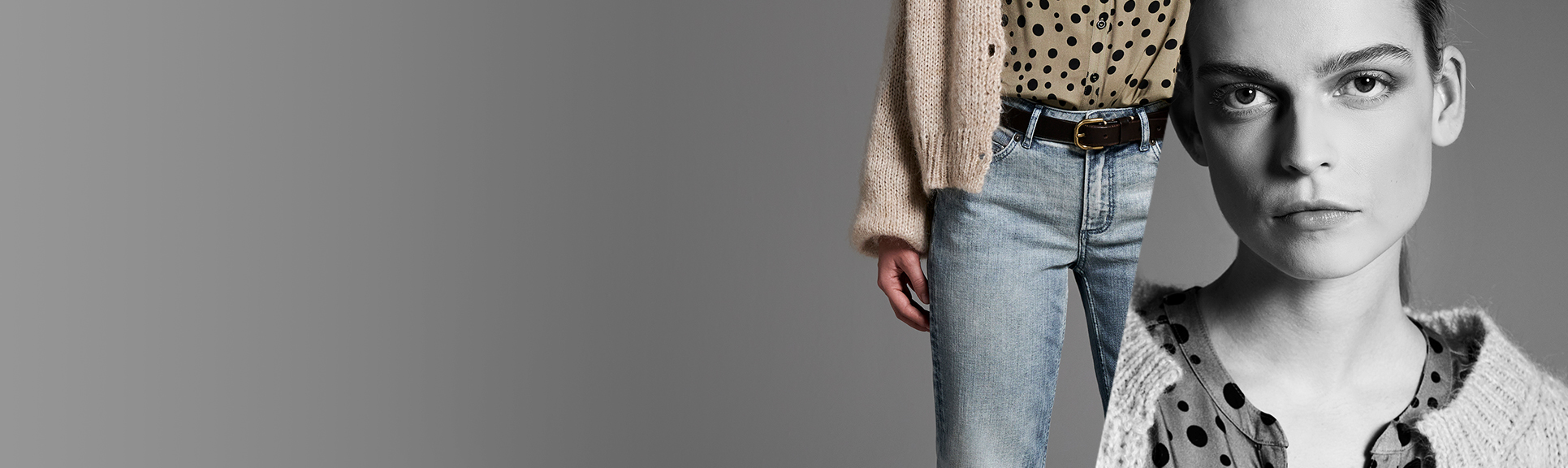 Close-up of TONI jeans styled with a dotted blouse and knit cardigan – alongside an artistic black-and-white portrait