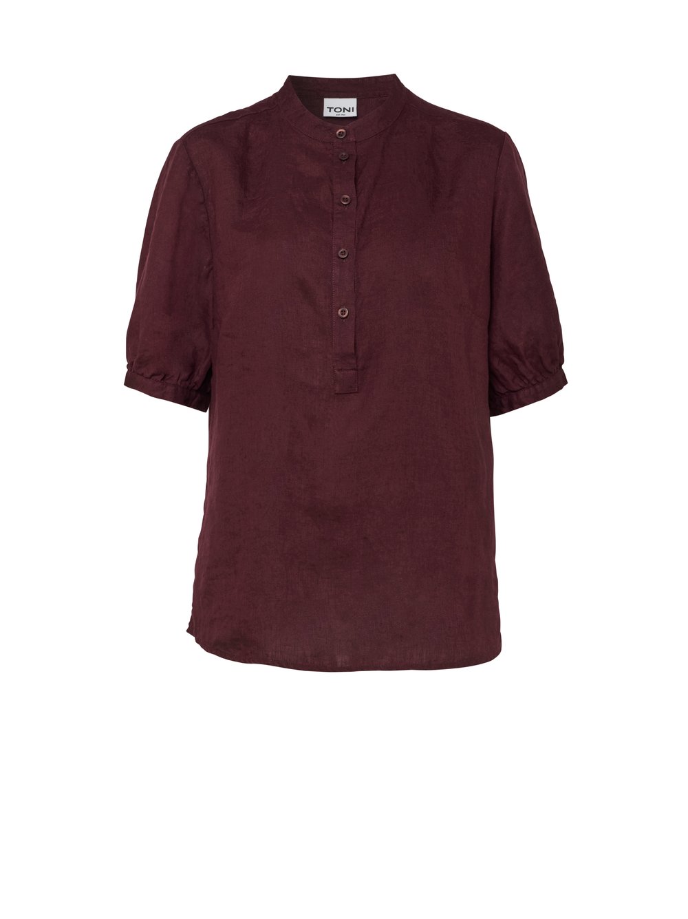 Womens blouse Alis in berry, linen blouse with a band collar, product view