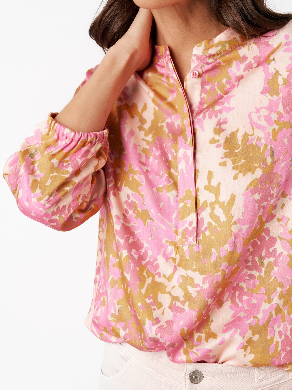 Womens blouse Alis in multicolour pink, pull-on blouse with summer print, detail view