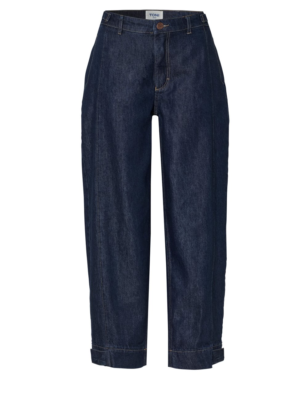 Damenjeans Liv Barrel in dark blue, Barrel-Fit Jeans mit Schnallen, freigestellte Produktansicht