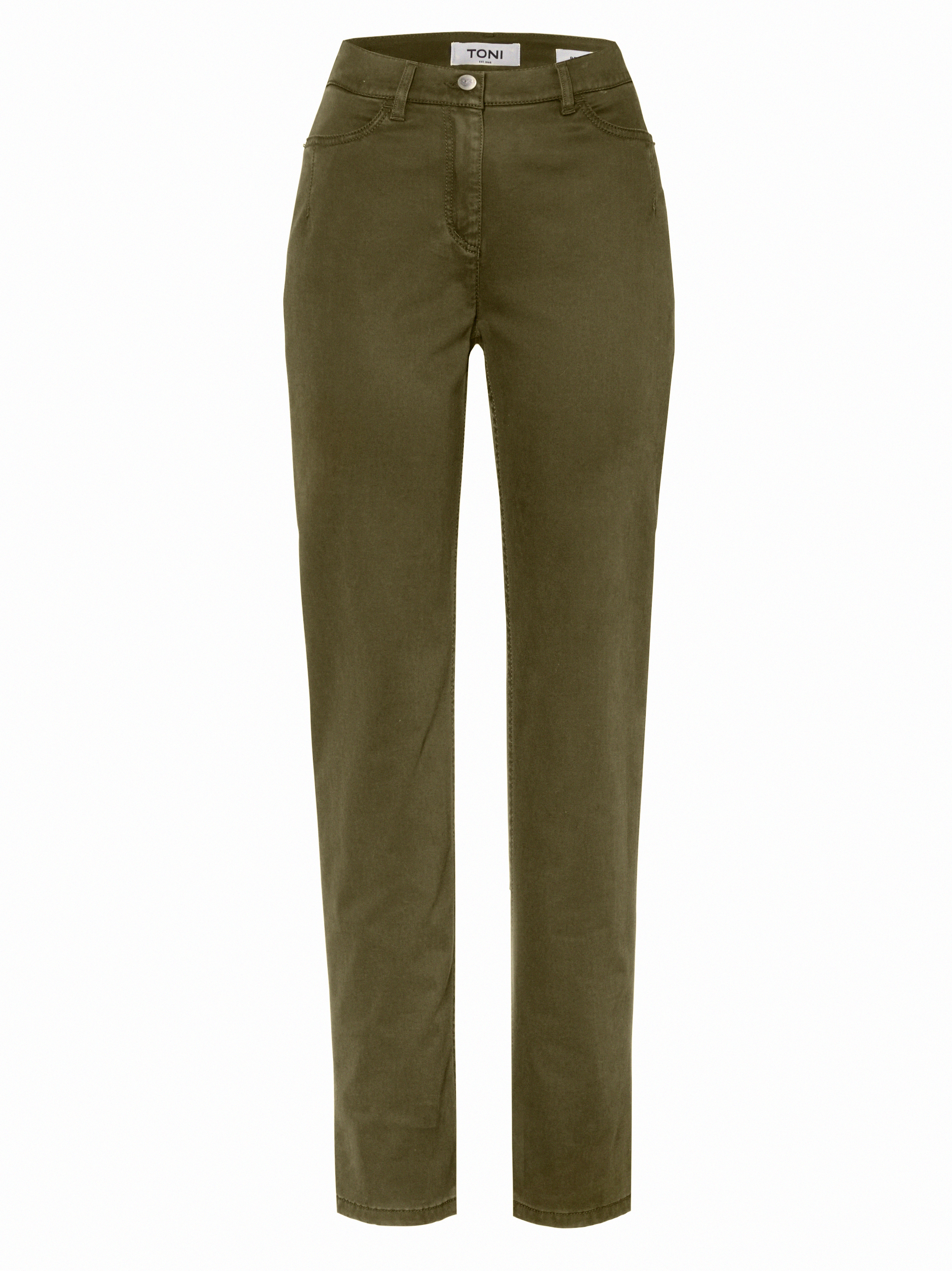 Damenhose Be Loved in Oliv, high-Waist Hose aus Baumwollsatin, freigestellte Produktansicht