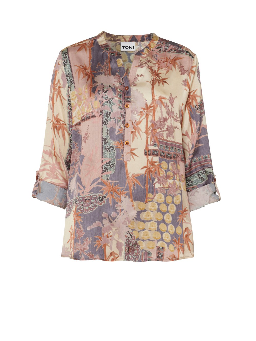 Damenbluse Bella in Multicolour, Bluse mit Patchwork-Print, freigestellte Produktansicht