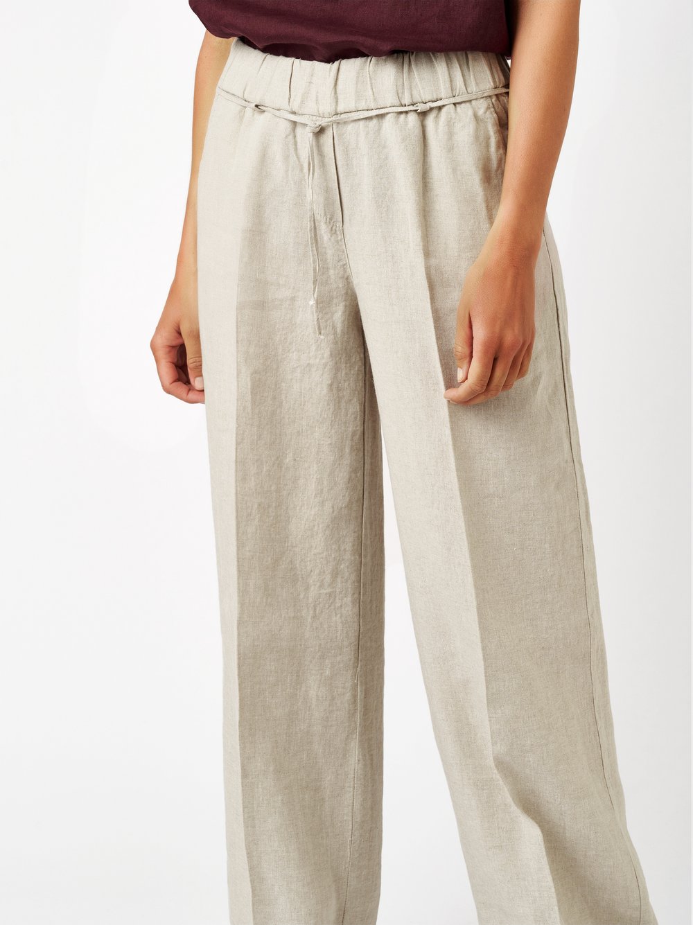 Damenbluse Pia Palazzo in beige, Weite Leinenhose mit Bindeguertel, Detailansicht