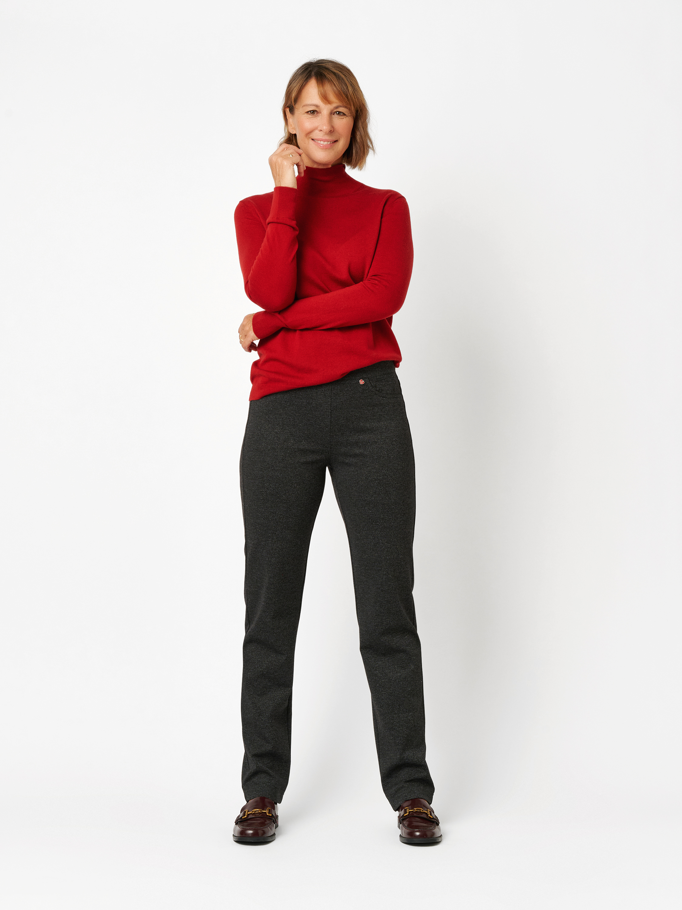 Damenhose Alice in Anthrazit, Schlupfhose in Tweed-Optik, Outfitansicht am Model