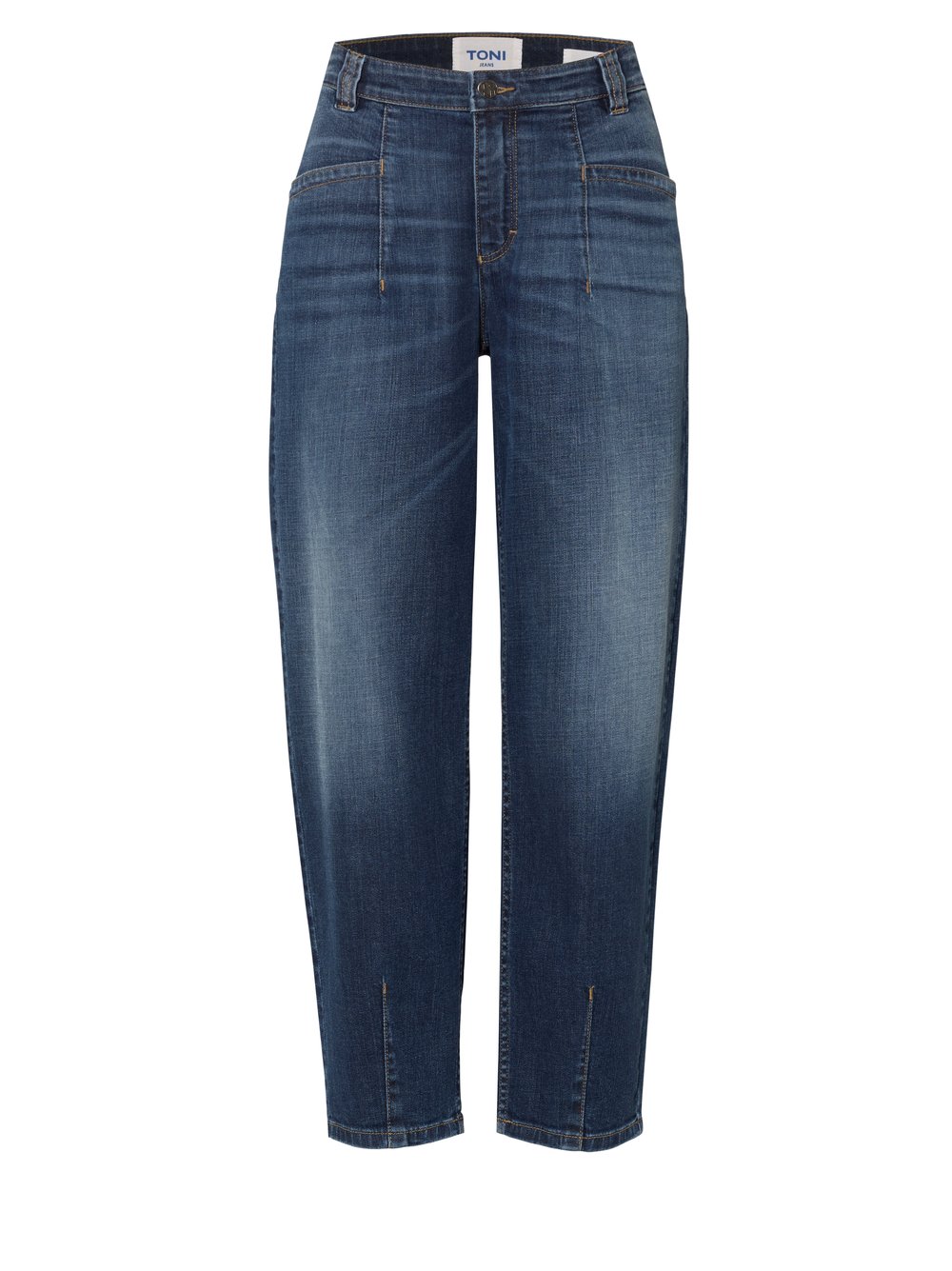 Damenjeans Liv Barrel in Mid Blue Used, barrel-Jeans mit markanten Fronttaschen, freigestellte Produktansicht